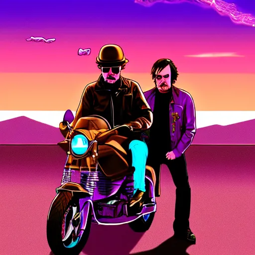 Prompt: walter white riding jesse pinkman, and a purple coloured leather jacket, one side haircut, long brown hair with light blue ends, portrait, hyperdetailed, artstation, cgsociety, synthwave by tangerine dream, by jean - michel jarre, by vangelis, by john carpenter