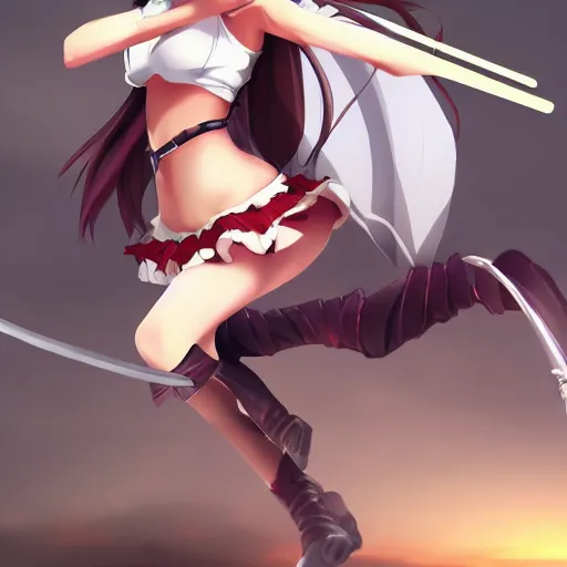 Prompt: anime girl holding a spear, action pose, highly detailed beautiful, pixiv