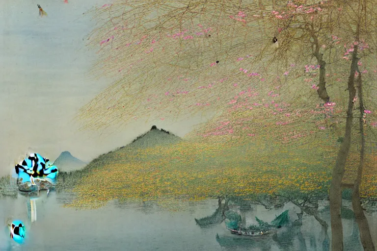 Prompt: an ultradetailed landscape painting of westlake in china hangzhou, light yellow may flowers blossoms nearby, autumn wind, chinese water color, smooth, sharp focus, illustration, by hilma af klint, 8 k