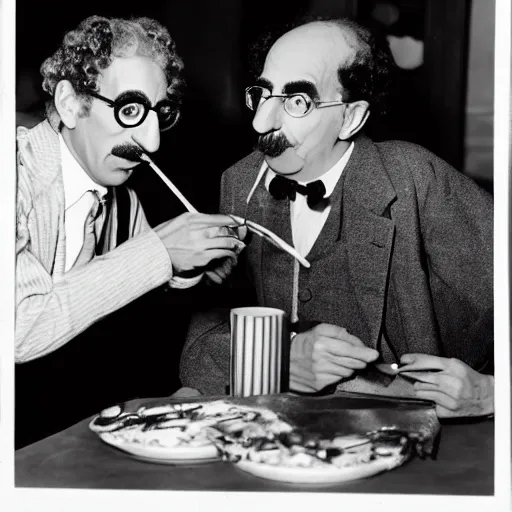 Prompt: harpo marx and groucho marx dine together. black and white, classic award winning photography, highly intricate