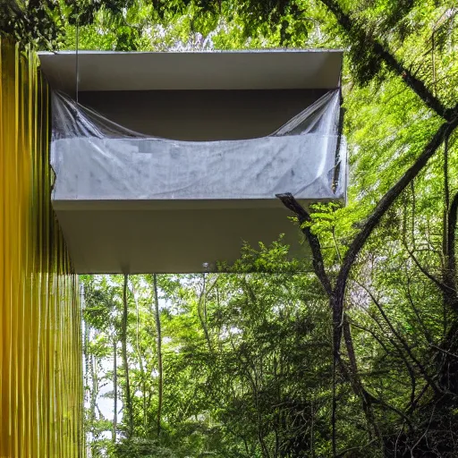 Prompt: exterior shot of a brutalist concrete house with translucent yellow mesh tarps in a dense jungle