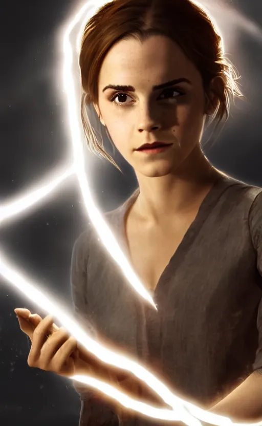 Image similar to Emma Watson casting an electricity spell. Digital art trending on artstation. 4k. Tyndall effect.