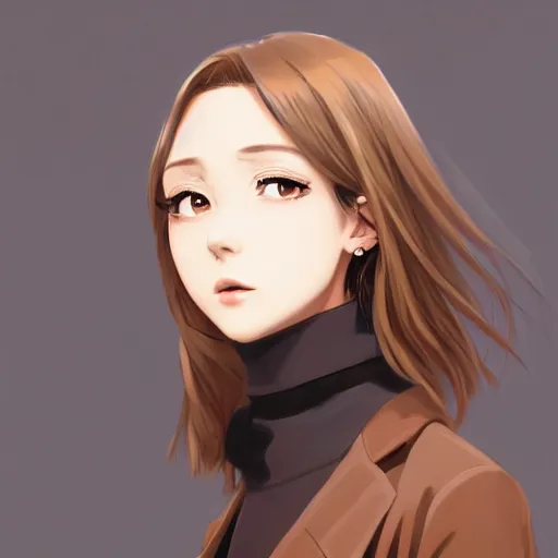 Image similar to anime girl in black turtleneck, brown coat, elegant, 2d, ultra highly detailed, digital painting, smooth, sharp focus, artstation, portrait art by Ilya Kuvshinov