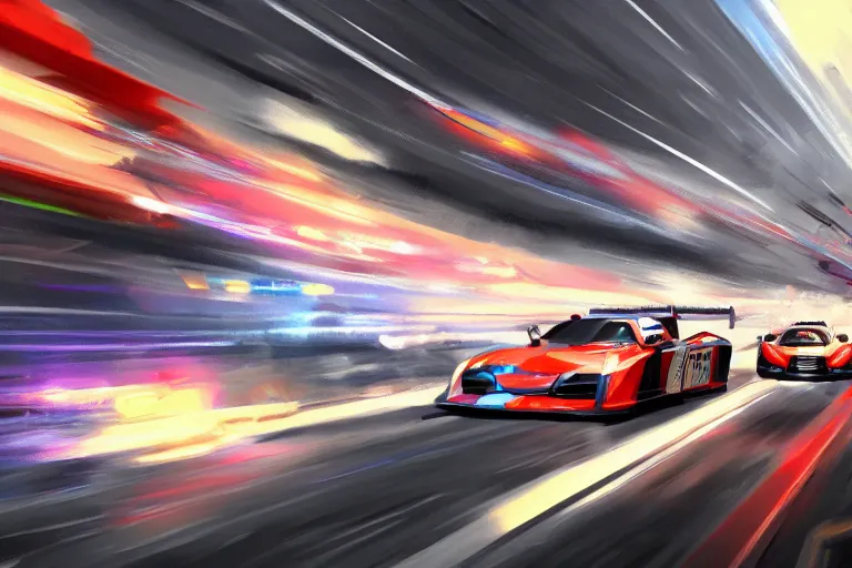 Image similar to modern cars racing on a highway, digital painting, mixed media, trending on artstation and deviantart, epic composition, highly detailed, 8 k