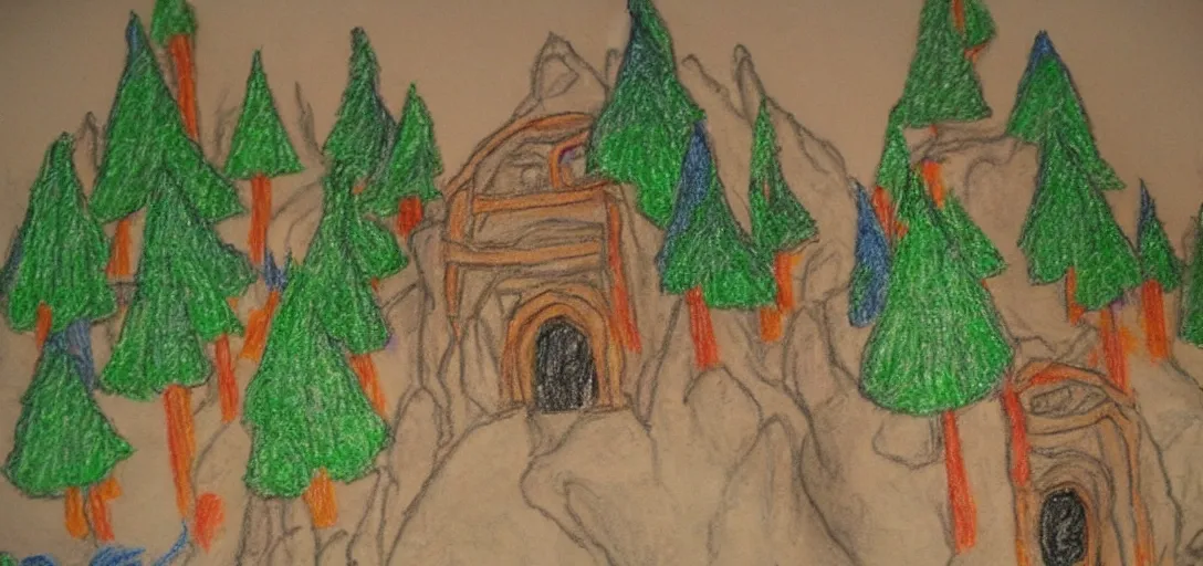 Prompt: Rivendell poorly drawn in wax crayon by a five-year old