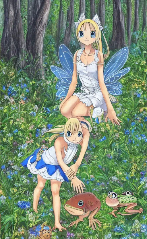 Prompt: a beautiful detailed intricate photorealistic painting of a young blond girl in a blue dress woman in a forest discovering a frog on the ground. fairy tail. vibrant. beautiful. photorealistic. hd. hq. trending on arstation.