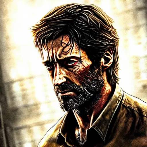 Prompt: beautiful digital art of hugh jackman as joel from the last of us, movie still from the last of us film, hdr, by artgerm