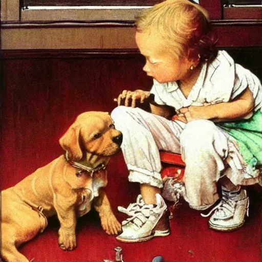 Prompt: A baby playing with her puppy dog, artwork by Norman Rockwell, cinematic composition