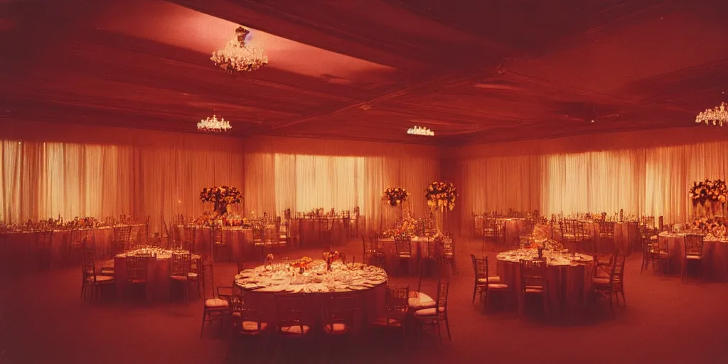 Prompt: a phantom hovers inside of a banquet hall. dramatic soft color lighting ( 1 9 8 4 ).