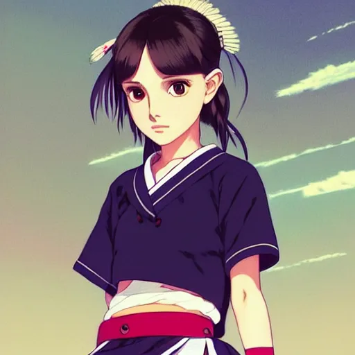 Image similar to a beautiful! boyish! natalie portman alluring gravure! model, wearing japanese school girl outfit with mayan pattern and native style, aztec street fashion, gapmoe yandere grimdark, trending on pixiv fanbox, painted by greg rutkowski makoto shinkai takashi takeuchi studio ghibli, akihiko yoshida