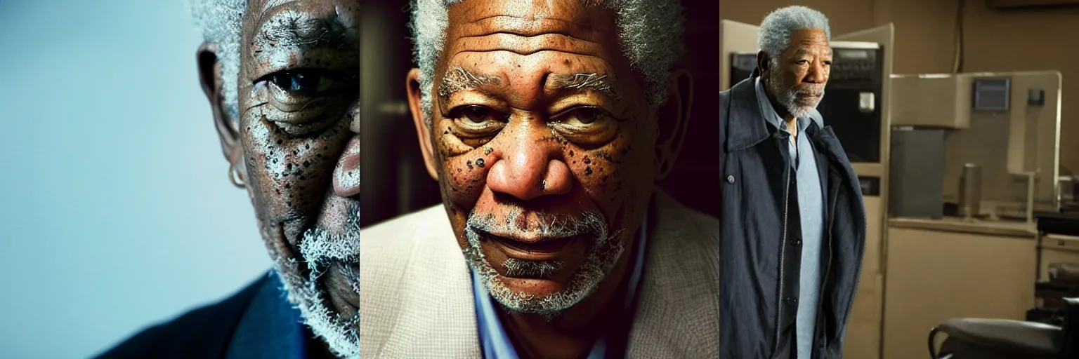 Prompt: close-up of Morgan Freeman as a detective in a movie directed by Christopher Nolan, movie still frame, promotional image, imax 70 mm footage