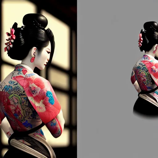 Image similar to an android geisha in a lotus position wearing a flowing kimono and tattoos, octane render, unreal engine, 8 k, cinematic, artwork by ilya kuvshinov