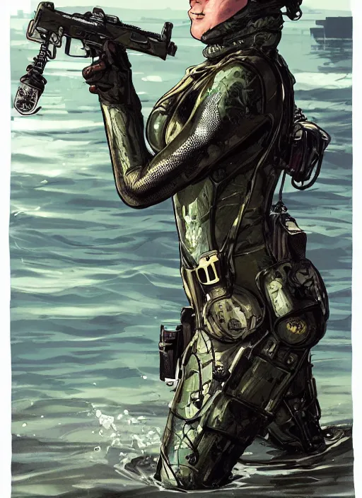 Image similar to Maryanne. USN blackops operator emerging from water at the shoreline. Operator wearing Futuristic cyberpunk tactical wetsuit and looking at an abandoned shipyard. Frogtrooper. rb6s, MGS, and splinter cell Concept art by James Gurney, Alphonso Mucha. Vivid color scheme.