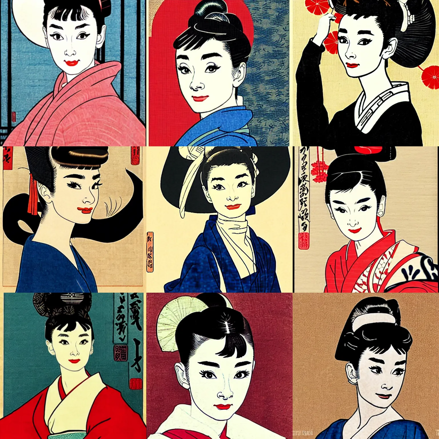 Prompt: audrey hepburn as orian in ukiyo - e art