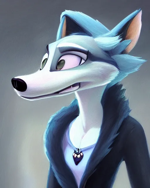 Image similar to beautiful oil painting of anthromorphic female wolf, in style of zootopia, zootopia, zootopia, fursona, furry, furaffinity, 4 k, deviantart, furry art, fursona art, wearing black business suit, business suit, in style of zootopia, wolf fursona, cyberpunk, female, very very very expressive detailed feminine face,