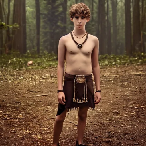 Image similar to a teenage boy, around 1 6 yo. iron necklace and sandals. natural brown hair. loincloth, pale skin. detailed face. ominous and eerie looking forest in background. natural colors. hyperrealistic photo.