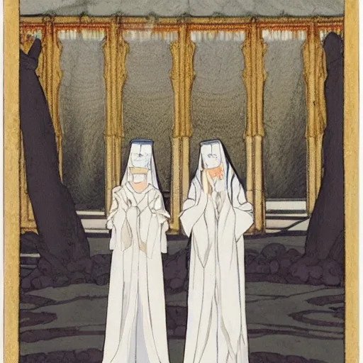 Image similar to a scene of two identical beautiful female priestesses standing face to face, in white veil, full of detail, subtle anime style