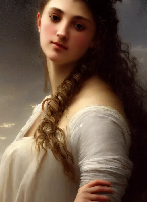 Image similar to oil painting close up portrait of a contemplative young provencale woman with long dark flowing hair in a dress made of white roses!! at sunset, hazy, digital art, chiaroscuro, artstation, cinematic, golden hour, digital art painting by greg rutkowski, william - adolphe bouguereau, hazy atmosphere, cinematic lighting