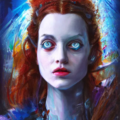 Image similar to A portrait of Alice from Wonderland, oil painting, majestic, detailed, high resolution, cyberpunk