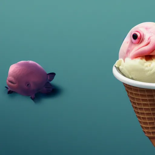 Image similar to A photo of an ice cream cone with a blobfish in it. Blobfish ice cream. Realistic, ultra high detail, 8k.