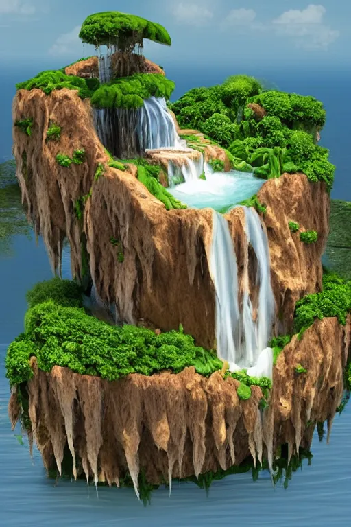 Prompt: A floating island with a very ugly waterfall