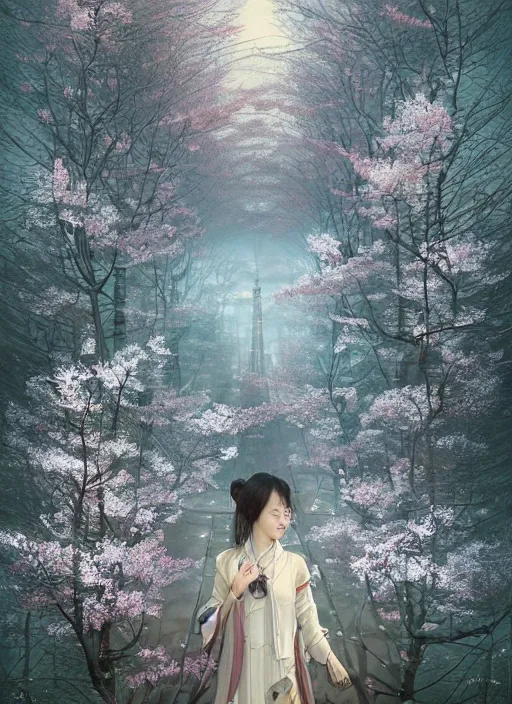 Image similar to Lee Jin-Eun by Andrew Ferez, rule of thirds, seductive look, beautiful, in intergalactic HQ with sakura trees