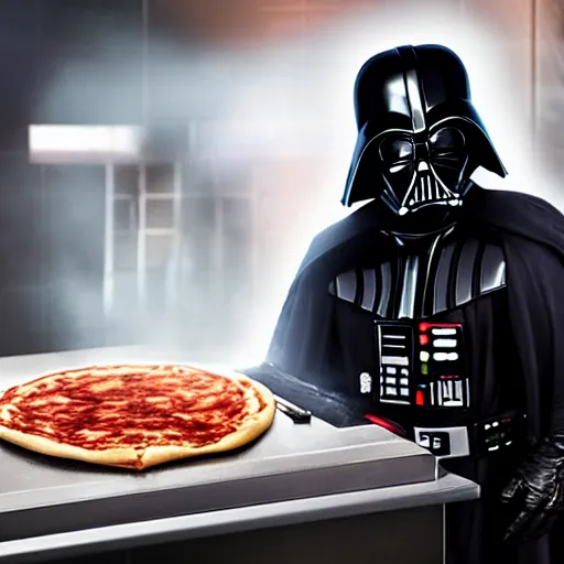 Image similar to A still of a Darth Vader making a pizza in Masterchef, 4k, photograph, ultra realistic, highly detailed, professional lighting