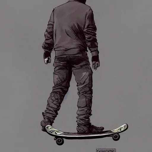 Prompt: imagine interzone grey secret society, citizen on a 1 9 9 3 skateboard, by ashley wood and moebius, artstation, thrasher magazine, 4 k detailed post processing, footage