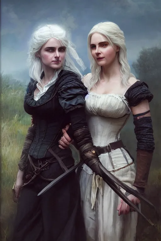 Image similar to Ciri from the Witcher in Victorian painting with Yennefer. by Daniel F. Gerhartz, hyperrealistic oil painting, 4k, studio lightning