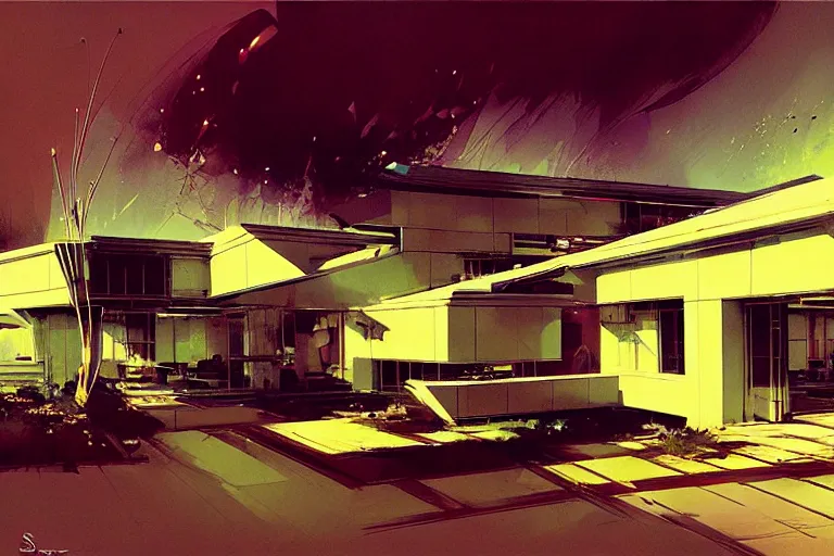 Image similar to retro futuristic house by syd mead, john berkey, jeremy mann, carl spitzweg, james gurney, science fiction