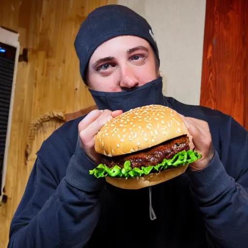 Prompt: mike from breacking bad eating a cheese burger