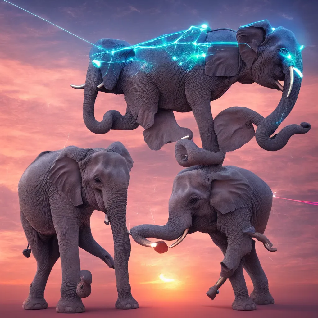 Image similar to A single elephant with lasers coming out of it's eyes, cyberpunk elephant in front of a sunset