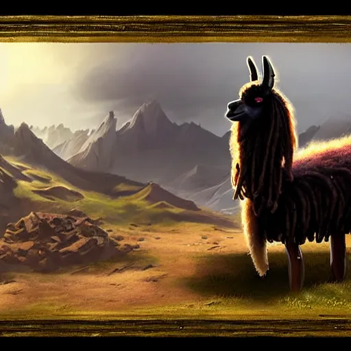 Image similar to A cinematic matte painting of a llama with dreadlocks, heroic pose, ultra realistic, ultra detailed, in the style of chriss foss