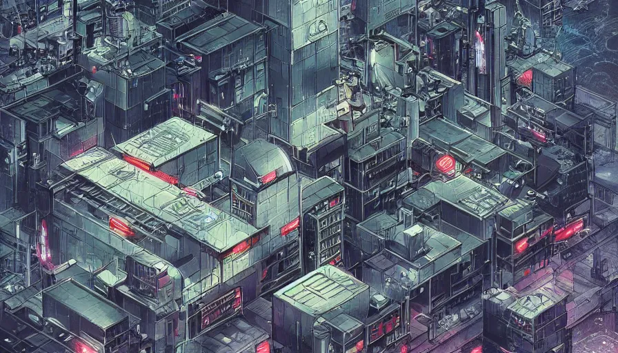 Image similar to Concept Art Illustration of neo-Tokyo Maximum Security Bank, in the Style of Akira, Syndicate Corporation, Anime, Dystopian, Highly Detailed, Helipad, Special Forces Security, Blockchain Vault, Searchlights, Shipping Docks, Shipping Containers of Money :2 by Katsuhiro Otomo : 8