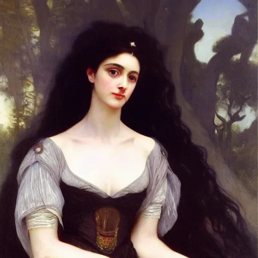 Image similar to oil painting of princess Vulvine, Hungarian, curly dark hair, fair skin, dark ominous, blurred background by Georgia o Keeffe, by Marcel Jankowicz, by Bouguereau, by Gustave Moreau, concept art, master, realism, romantism