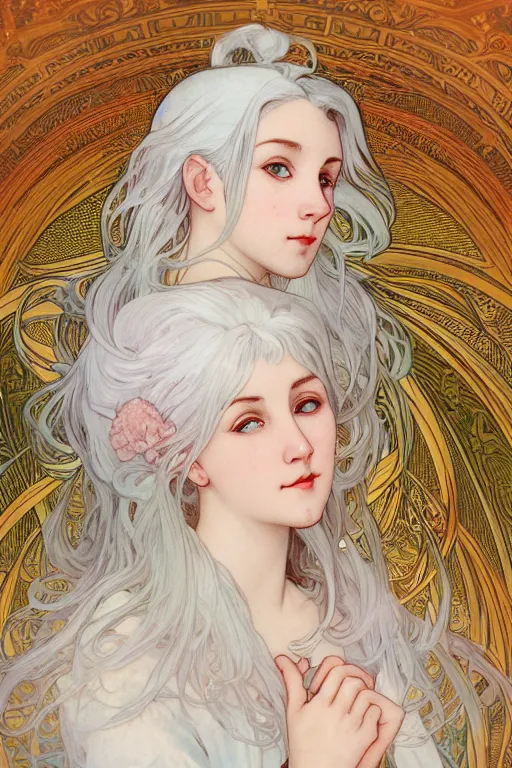 Prompt: white hair, portrait, girl, moon background, night, high detail, concept art, digital art, art of alphonse mucha, trending on artstation, trending on deviantart,