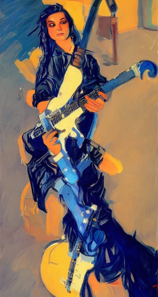 Image similar to amospheric portrait of a teenage rocker girl from the 9 0 s, blue hair, blue eyes, wielding a staff, in the style of joaquin sorolla, bill sienkiwicz, syd mead, atmospheric, detailed