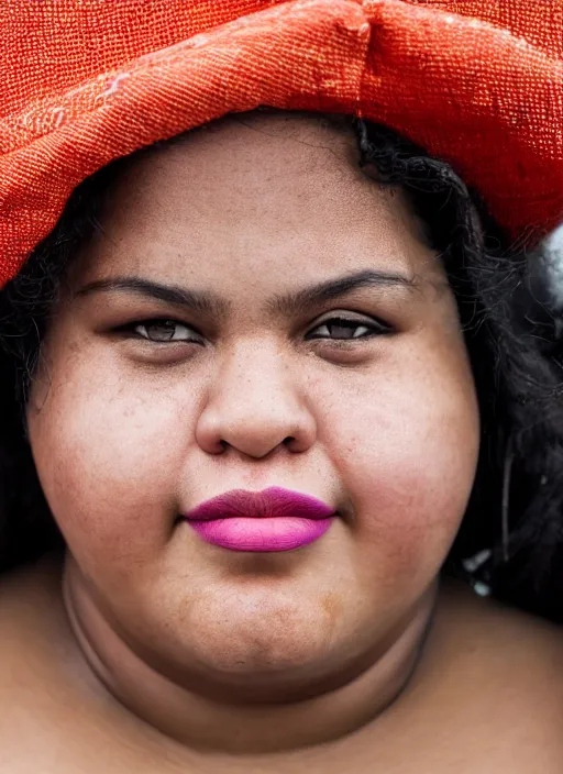 Image similar to close up portrait of a beautiful, chubby, 30-year-old Cuban woman, happy, candid street portrait in the style of Martin Schoeller, award winning, Sony a7R