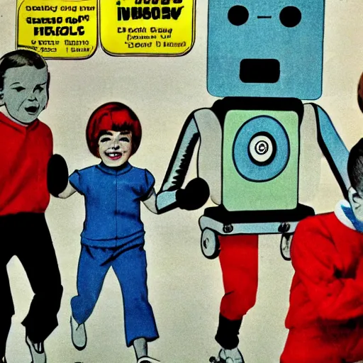 Image similar to in the style of 1960s, scary robot chasing kids