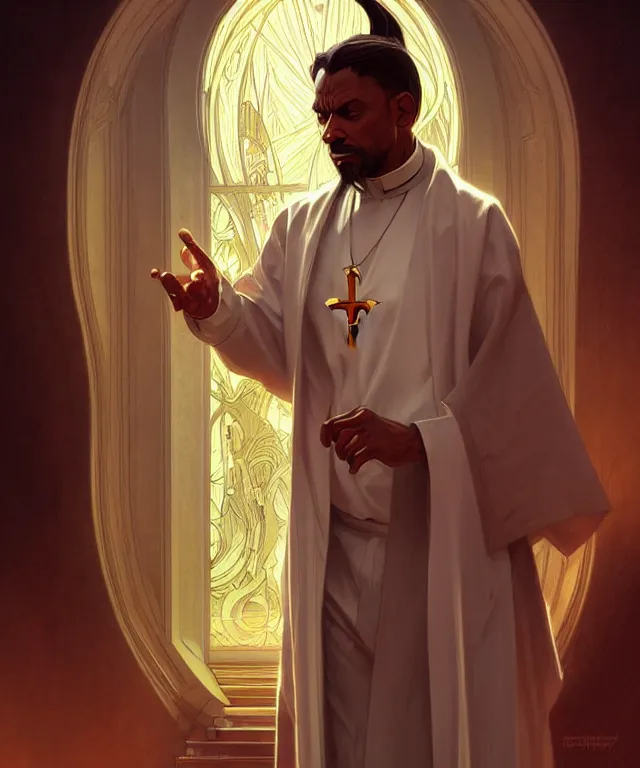 Image similar to a bad preacher, a suspicious priest, portrait, intricate, elegant, highly detailed, digital painting, artstation, concept art, smooth, sharp focus, illustration, art by artgerm and greg rutkowski and alphonse mucha