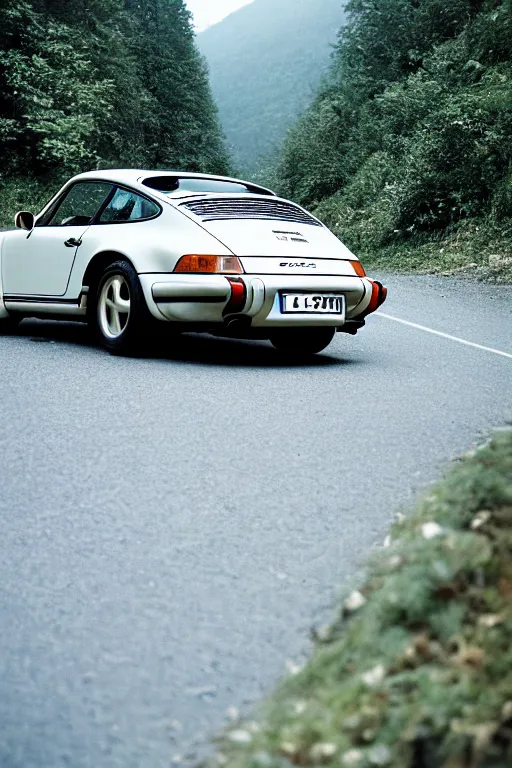 Image similar to Photo of a Porsche 911 Carrera 3.2 on a winding road through mountains and forests. Canon EOS 100, 28-80mm USM MkI, Ektachrome E100