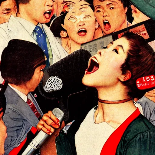 Prompt: A norman rockwell portrait illustration about a japanese 1980 idol singer singing to a microphone