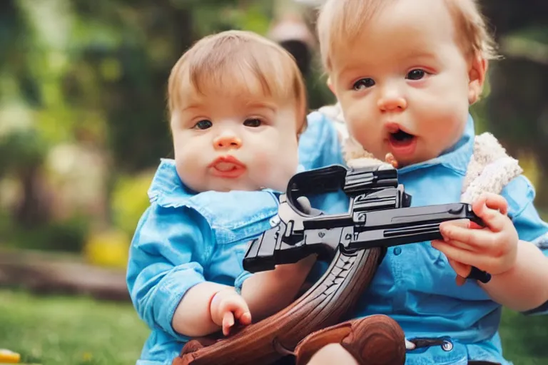 Prompt: baby holding fisher price ak-47 gun