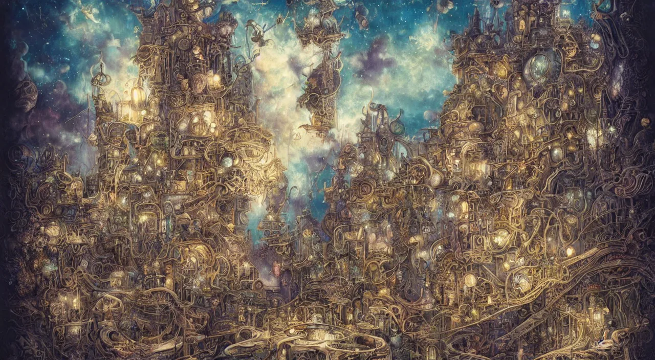 Image similar to pastel colours, don bluth, richard dadd, smooth paper with detailed line work, Mandelbulb, Exquisite detail perfect symmetrical, silver details, hyper detailed, intricate ink illustration, steampunk, smoke, neon lights, starry sky, steampunk city, liquid polished metal, by jesper ejsing