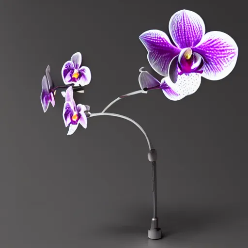 Image similar to an orchid flower, made of metal, cybernetic, reflective, glowing, unreal engine
