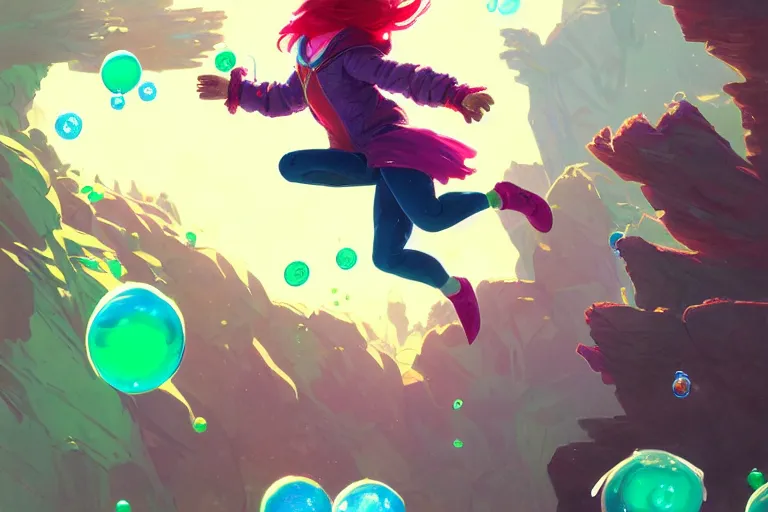 Prompt: madeline from celeste jumping to a green jelly bubble, ( ( ( blue bubble jacket ) ) ) ( ( ( red long hair ) ) ), highly detailed, digital painting, artstation, concept art, sharp focus, illustration, art by greg rutkowski and alphonse mucha