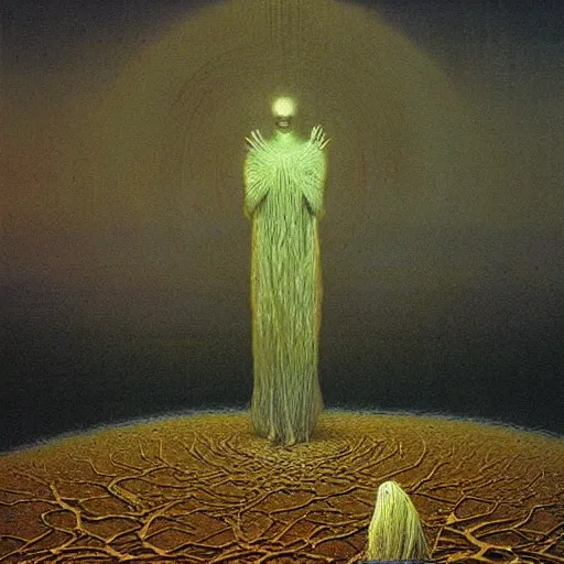 Prompt: god talking to his creation by zdzislaw beksinski