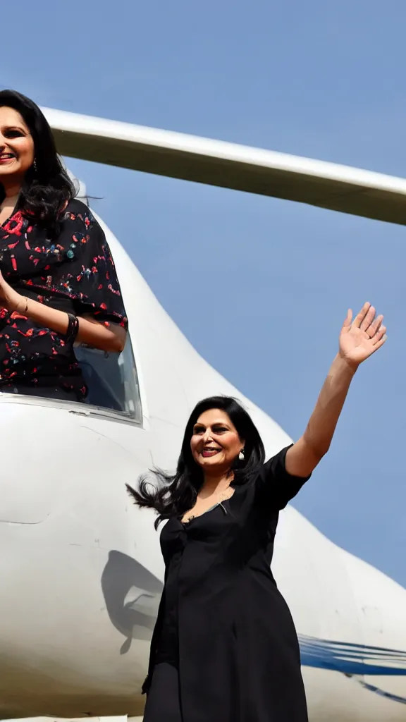 Prompt: priti patel waving at an aeroplane headed to rwanda