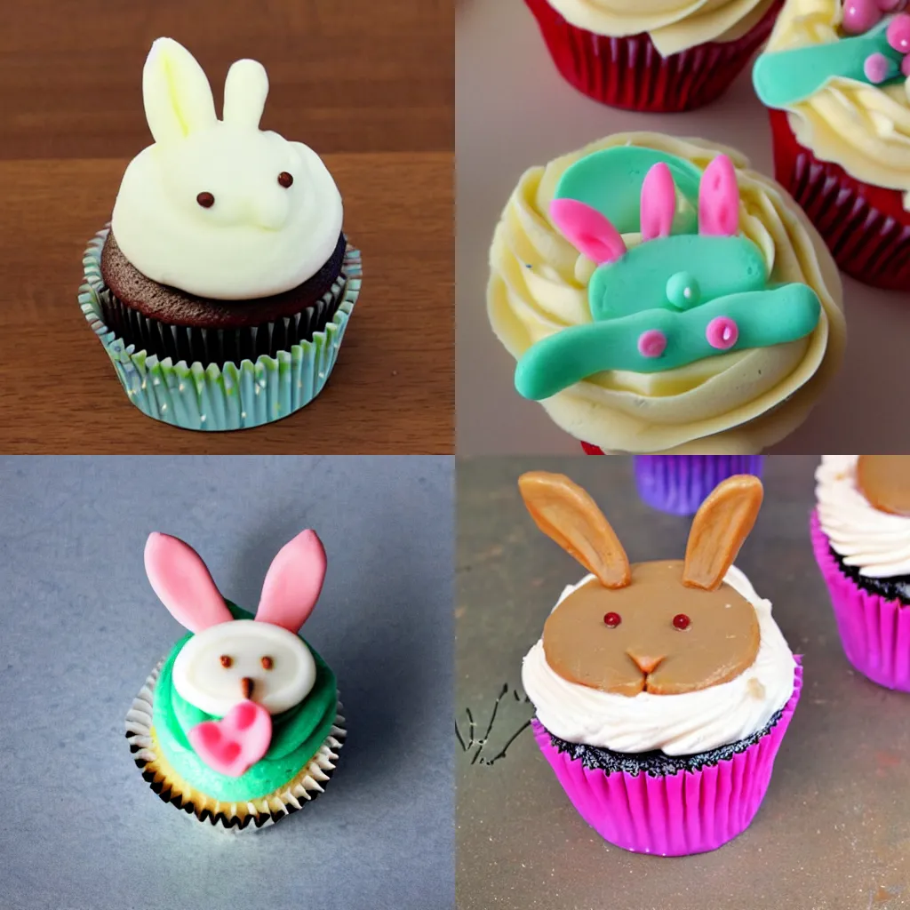 Prompt: cupcake with icing in the shape of a rabbit