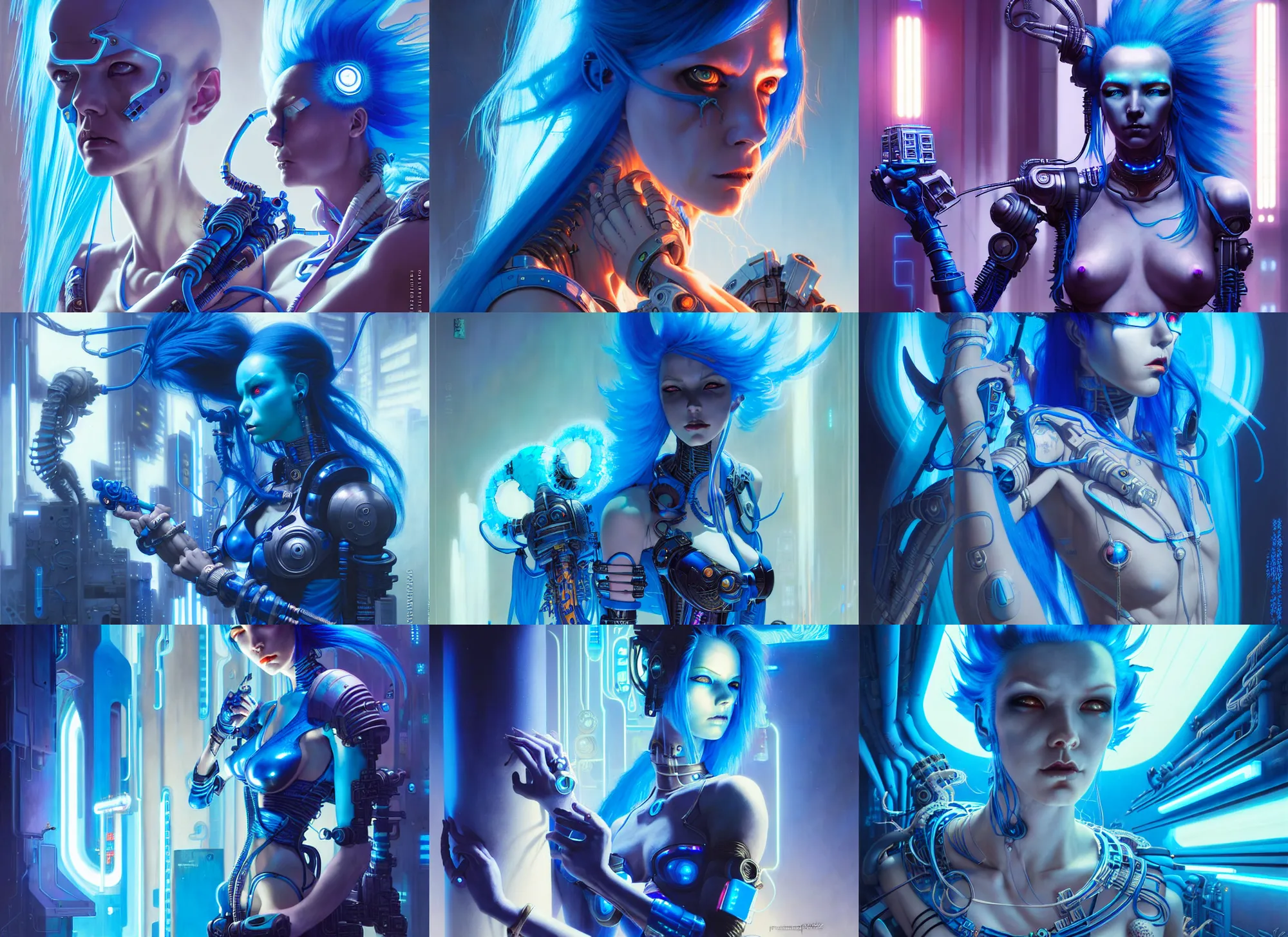 Prompt: electric blue haired cyberpunk girl, dramatic lighting, ultra realistic, intricate details, the fifth element artifacts, highly detailed by peter mohrbacher, allen williams, hajime sorayama, wayne barlowe, boris vallejo, aaron horkey, gaston bussiere,